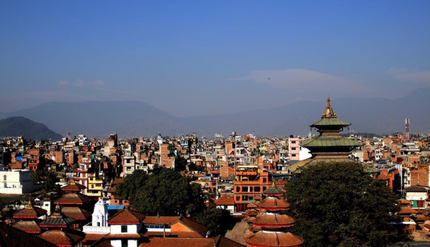A view of a city with a pagoda in Nepal