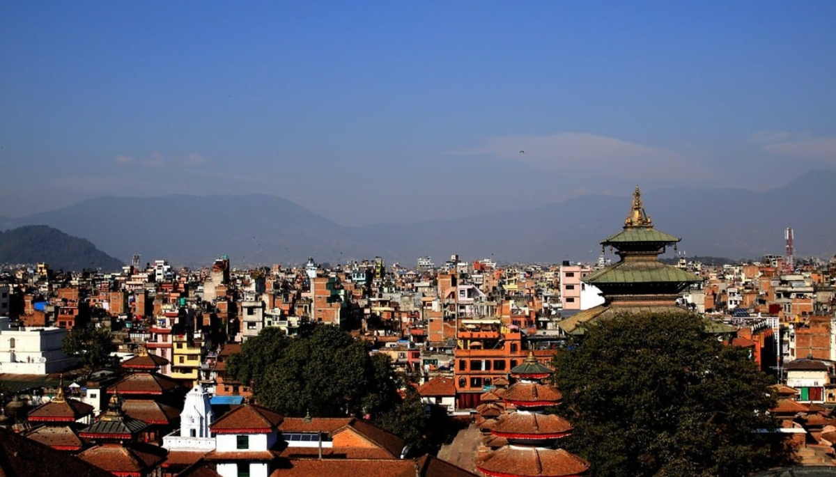 A view of a city with a pagoda in Nepal