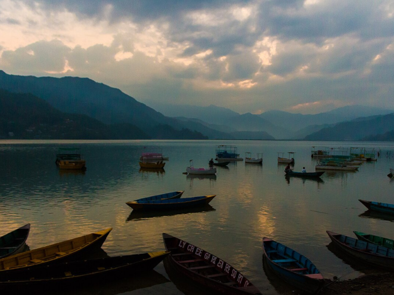 Scenic view of Phewa Lake in Pokhara, Nepa