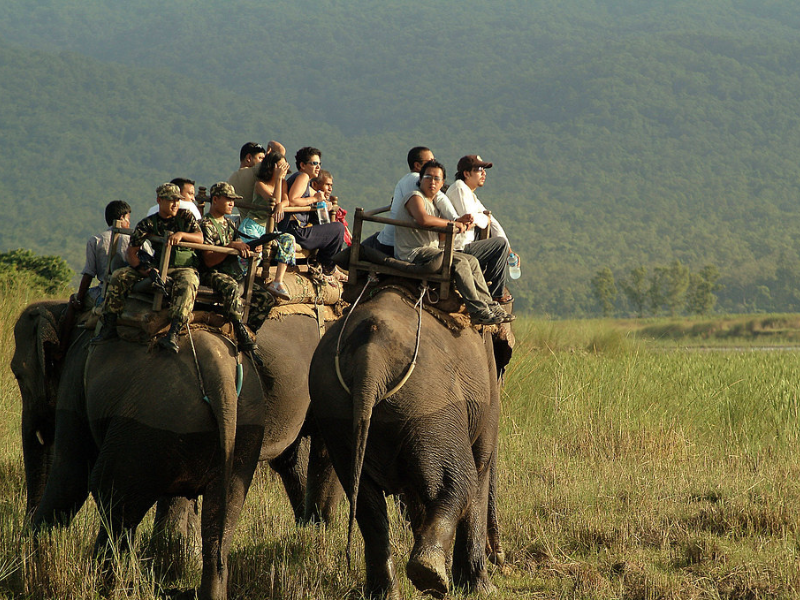Family enjoying a canoe safari in Chitwan National Park, Nepal